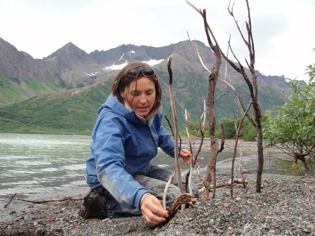 Heidi with sticks, Upper Togiak Lake