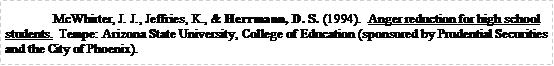 Text Box: McWhirter, J. J., Jeffries, K., & Herrmann, D. S. (1994).  Anger reduction for high school students.  Tempe: Arizona State University, College of Education (sponsored by Prudential Securities and the City of Phoenix).