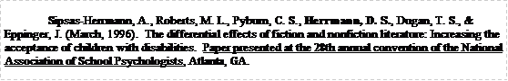 Text Box: Sipsas-Herrmann, A., Roberts, M. L., Pyburn, C. S., Herrmann, D. S., Dugan, T. S., & Eppinger, J. (March, 1996).  The differential effects of fiction and nonfiction literature: Increasing the acceptance of children with disabilities.  Paper presented at the 28th annual convention of the National Association of School Psychologists, Atlanta, GA.