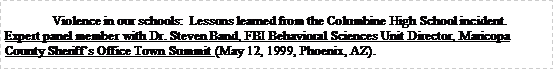 Text Box: 	Violence in our schools:  Lessons learned from the Columbine High School incident.  Expert panel member with Dr. Steven Band, FBI Behavioral Sciences Unit Director, Maricopa County Sheriffs Office Town Summit (May 12, 1999, Phoenix, AZ). 
