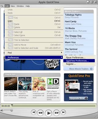 1.	Edit > Preferences > Quicktime Preferences&hellip;