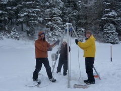 Joe Licciardi, Katey Trifone, Scott Anderson coring Cabin Lake