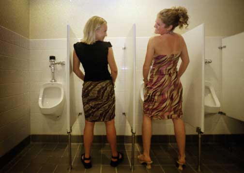 Girls using men's urinal