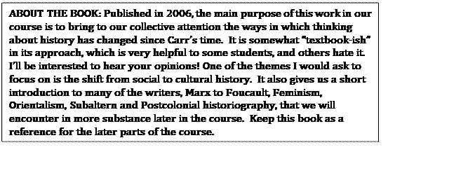 Text Box: ABOUT THE BOOK: Published in 2006, the main purpose of this work in our course is to bring to our collective attention the ways in which thinking about history has changed since Carr�s time.  It is somewhat �textbook-ish� in its approach, which is very helpful to some students, and others hate it.  I�ll be interested to hear your opinions! One of the themes I would ask to focus on is the shift from social to cultural history.  It also gives us a short introduction to many of the writers, Marx to Foucault, Feminism, Orientalism, Subaltern and Postcolonial historiography, that we will encounter in more substance later in the course.  Keep this book as a reference for the later parts of the course.